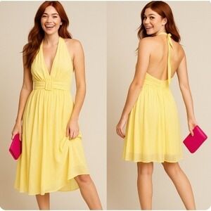 Vtg NWT Jonathan Martin 100% Silk Butter Yellow Flowy Plunge Halter Dress 12P